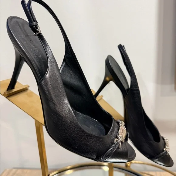 Gucci Black Leather Slingback Pumps with Silver Chain Plaque - Picture 3 of 4